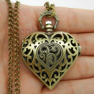 Bronze Quartz Heart shaped Pocket Watch Necklace Pendant Mens Womens 