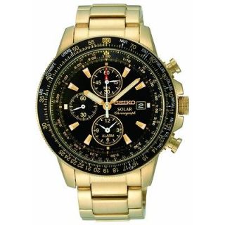 New Seiko Flight Black Dial Gold Tone Stainless Steel Mens Watch 