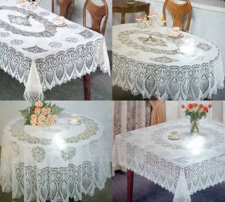 VINYL PVC WHITE EMBOSSED CROCHET TYPE LACE TABLECLOTHS square ROUND 
