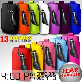 LEATHER PULL TAB POUCH SKIN CASE COVER + CAR CHARGER FOR VARIOUS 