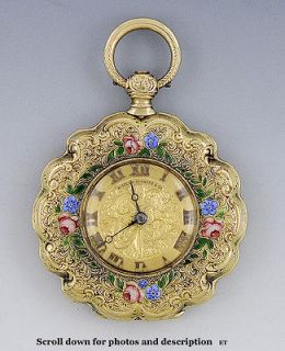 c1850s FRENCH 18K GOLD ENAMELED BUTTERFLY POCKET WATCH with