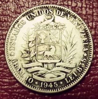 1945 VENEZUELA 2 BOLIVARES SILVER COIN