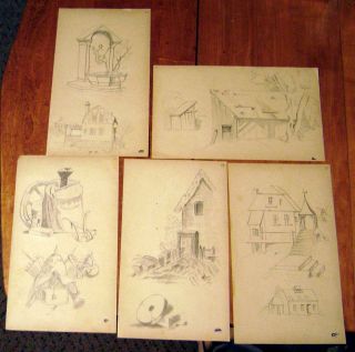Antique 1878 Artist Sketches Pencil Drawings Lot of 5