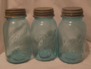  old set of Three Blue Ball perfect mason 1 quart Jars w/ zinc lids