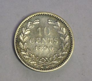 NETHERLANDS 10 CENTS 1890 EXTRA FINE/ALMOST UNCIRCULATED SILVER COIN