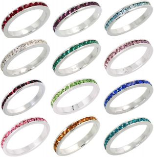 Sterling Silver Eternity Band Ring w/ Colored Crystal Birthstones