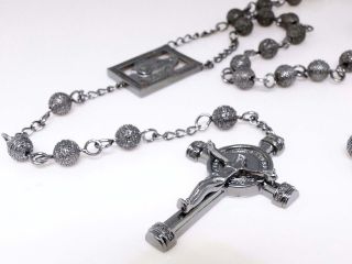 Mens Rosary White Gold Finish Lab Diamond Necklace Cross Chain Black 