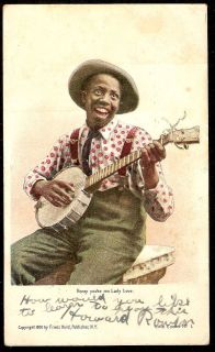 pmc BANJO PLAYER + MINSTREL BACK Palatka FL 1903 Photo Postcard BLACK 