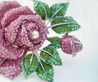 Pink Rose Floral Brooch Pin w/ Rhinestone Crystal BIG