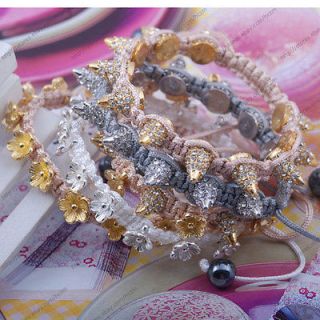   gold silver tone rivet spikes bead flower charm bracelet string