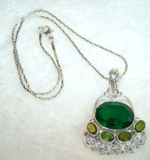   TWO SHADES GREEN CRYSTAL GLASS JEWELED BELL SILVER TONE METAL NECKLACE