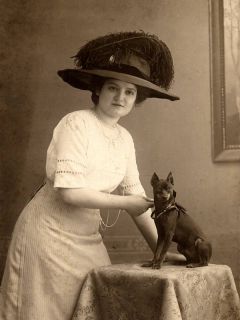 Min Pin Miniature Pinscher Dog & Lady In Big Hat Print