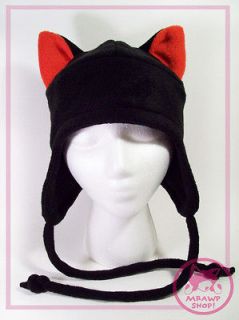 BLACK CAT HAT FLEECE with RED EARS Cosplay Wolf Anime Gothic Punk 