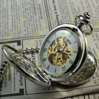 New Polished Silver Plated Double open Men Hand Winding Mechanical 