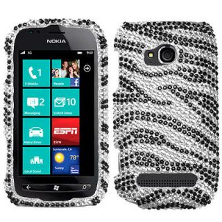 For Nokia Lumia 710 Cell Phone Black White Zebra Full Bling Stone Case 