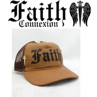   %Auth New Faith Connexion Camel Leahter Black Letter Trucker Hat Cap