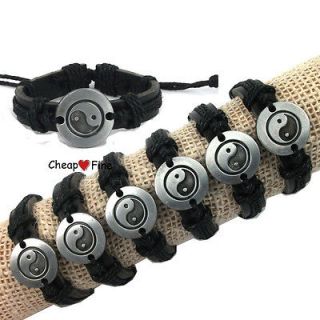 Lots 6pcs YIN YANG / Tai Chi Charm Genuine Leather Hemp Cuff Bracelets