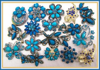 12 Pc Blue Vintage Style Brooches Pins Rhinestone Wedding Bouquet 