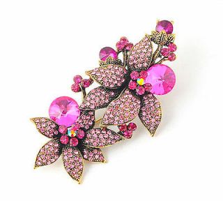 Rich Flowers Red Crystals Rhinestone Brooch Pin Antique Bronze Plated 