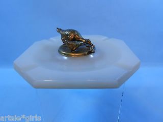 VTG Marble & Bronze Ashtray Octogon W/ 2 Geese Eating a Frog No 