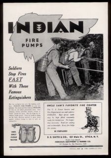 1943 Indian Fire Pump extinguishers US Army firemen & Uncle Sam trade 