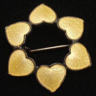 Yellow Hearts Circle Pin Vintage Enamel Sterling Silver Volmer Bahner 