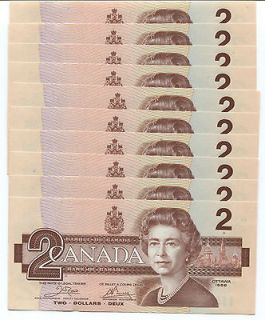   10 Consecutive Uncirculated Canadian $2 Dollar Paper Money Bills 1986
