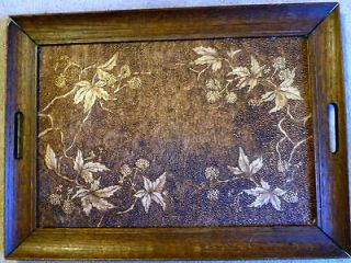 ANTIQUE WOOD FLEMISH ART PYROGRAPHY FRAMED TRAY WITH HANDLES SIGNED