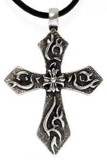 FLAME CROSS IRON Silver Pewter Pendant Leather NECKLACE