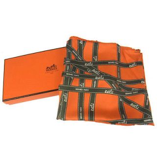 Authentic HERMES Vintage Silk 100% Logos Big Scarf Orange Handkerchief 