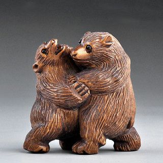   Japanese Carving Sculpture Boxwood Wood Netsuke Bear Fight