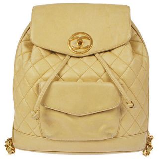 Authentic CHANEL Beige Quilted Backpack Bag CC Gold Chain Vintage 
