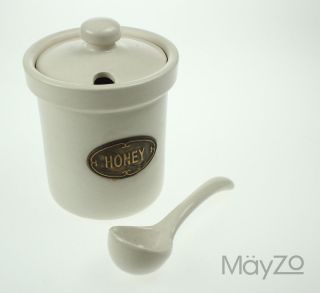 Beige Pottery Honey Pot Lid & Spoon Ceramic Jar Labelled Vintage 