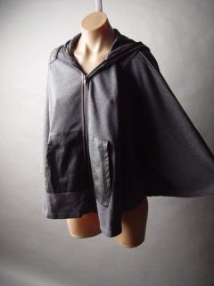   Style Faux Leather Patch Pocket Hooded Cape Cloak Coat mv Jacket S L