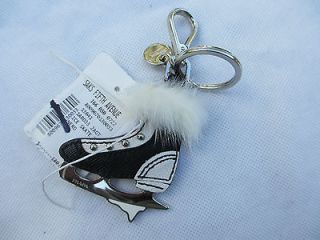   key chain black white leather ice skate silver hardware fur trim new