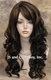 Human Hair Blend wig   Long Wavy Black Auburn Curly Heat OK w. Bangs 