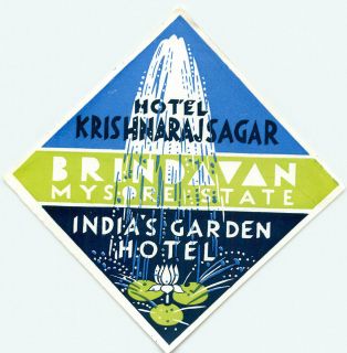 MYSORE INDIA HOTEL KRISHNARAJSAGAR VINTAGE LUGGAGE LABEL