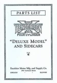   HENDERSON FOUR CYLINDER MOTORCYCLE PARTS LIST DELUXE   REPRODUCTION