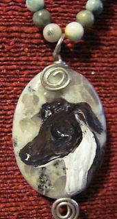 Italian Greyhound painted on wirewrapped Tree Agate pendant + necklace