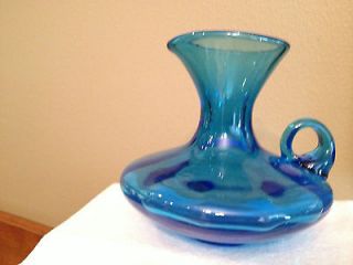 Vintage Mid Century Modern Blown Art Glass Pitcher Vase ~ Aqua  Blue