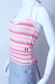 FRED PERRY FUN PINK PEACH SORBET STRIPE TENNIS HALTER TOP SIZE SMALL 