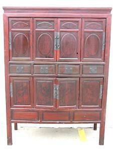Gorgeous Wood Chinese Kitchen Cabinet Dark Hand Painted Red Black EUC!