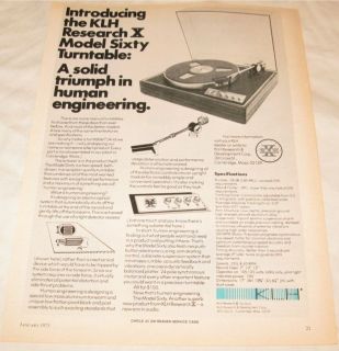 Vintage KLH Research X Model 60 Turntable PRINT AD 1975