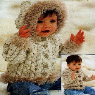 Knitting Pattern Furry Fringed Hooded Baby Jacket Cardigan 0 4 years 