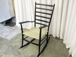 Antique Federal Style Black Ladder Back Rocker with Ivory Rush Seat 