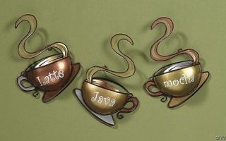 Metal COFFEE cups   set of 3   kitchen wall decor   Latte Mocha Java 