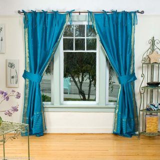 Turquoise Sari Curtain Drape Panel w Tieback Tie Top 84