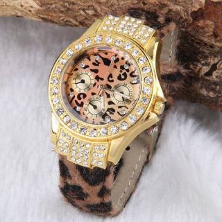   Fashion Women Girls Leopard Pattern Crystal PU Leather Bracelet Watch