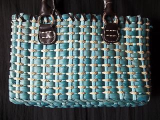 Liz Claiborne corn husk basket weave handbag purse tote blue brown 