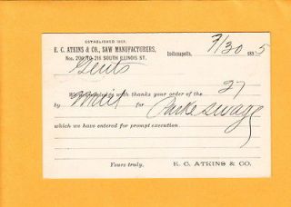 Atkins Saw Mfgs Indianapolis Printer Order Received 1895 Card E